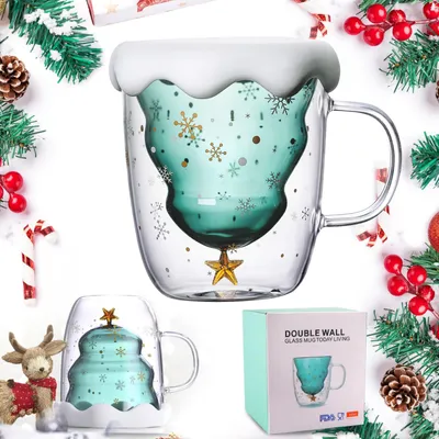 Weihnachtsbecher doppelwandig 250 ml Kaffeeglas mit Deckel