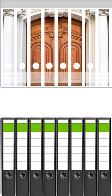 Produktbild von Wallario 8 Stück schmale Ordner inkl. Klebeetiketten mit Motive Alte hölzerne Pforte -  Set mit Rückenschildern / Ordnerrücken Stickern