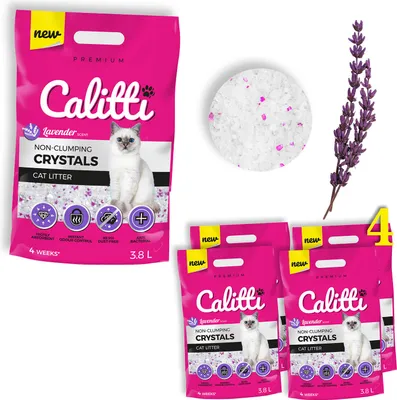 Obrázok produktu pre Calitti - Lavenda Silikátová podstielka pre mačky | Antibakteriálny piesok pre mačky | Sada 4 ks 4 x 3,8 l = 15,2 l