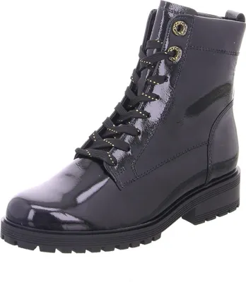 A black patent leather boot with laces and gold eyelets, shown against a white background.