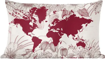 Produktbild von MuchoWow® Zierkissen Sofakissen Wohnzimmer Dekokissen 50x30 cm Weltkarte - Rot - Blumen - Wohnzimmerdekoration - Polster mit Photo