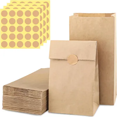 Produktbild von 100 Stück kleine Papiertüte mit Aufklebern, 18x9x5.5 cm Geschenktüte mit 100 runden Etikettenaufklebern, braune Kraftpapiertüte, Sandwichtüte, DIY Süßigkeitentüte, Saatguttüte, Hochzeit Geburtstag Ges