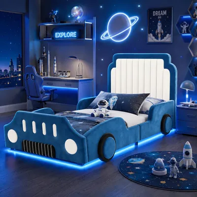 Produktbild von Flieks Kinderbett 90x200cm mit Led, Polsterbett Einzelbett mit Rausfallschutz und Lattenrost, Kinderbett in Autoform Autobett, Samt, Blau