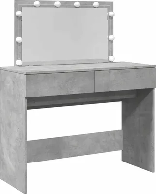 A vanity table with a mirror and LED lights against a white background.