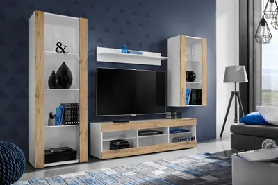 Produktbild von Komodee | Wohnwand mit TV-Schrank und Vitrine Tivoli Set Medio, Korpus Weiß Matt Frontfarbe Wotan Matt, ohne LED