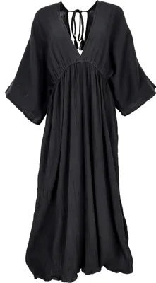 Produktbild von Boho Sommerkleid, Luftiges Langarm-Baumwollkleid mit Tiefem Ausschnitt, Maxikleid, Kaftan - Schwarz, Damen, Baumwolle, Kleider