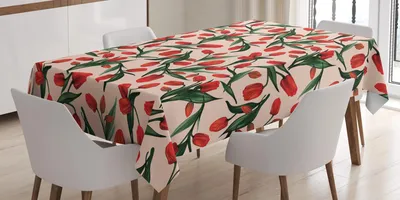 Obrázek produktu pro ABAKUHAUS Barevný ubrus, vermilionová barevná ilustrace tulipánů a listů, umělecký tisk, 140 x 170 cm, světle broskvová, vícebarevný
