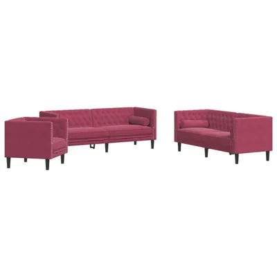 Produktbild von 3-tlg. Chesterfield-Sofa-Set mit Nackenrollen Weinrot Samt