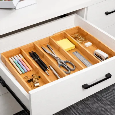 Immagine prodotto di Contenitore per posate, dimensioni 28,5 cm x 36,8 cm x 5,5 cm, estensibile, con 5 scomparti, in bambù, per la cucina