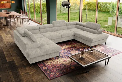 Produktbild von Ecksofa Palermo U-Form mit Schlaffunktion Bettkasten 345 cm Lieferung bis in die Wohnung Wohnzimmer Arbeitszimmer Sofa XXL (Farbe: Sally 01 - beige)
