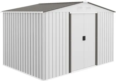 A silver metal garden shed with double doors and ventilation openings.