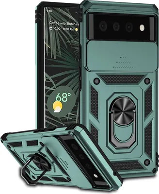 Image de Étui pour Google Pixel 6 étui double couche avec couvercle coulissant pour appareil photo et support annulaire vert