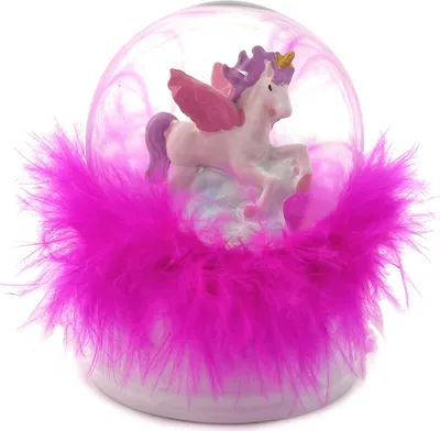 Produktbild von Schneekugel Einhorn mit Glitzer - Hochwertige Schüttelkugel aus Glas | Dekofigur Unicorn mit LED Licht, Glitter & Federn in Pink | Weihnachten Deko Pferd Kugel Snowglobe Höhe 9 cm