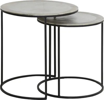 A set of two nesting side tables with round, metallic-looking tops and black metal frames.
