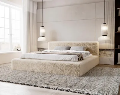Obrázek produktu pro Čalouněná postel 180x200 Alros, manželská postel s úložným prostorem, kovový rošt, imitace kožešiny (béžová – Lapit 29)