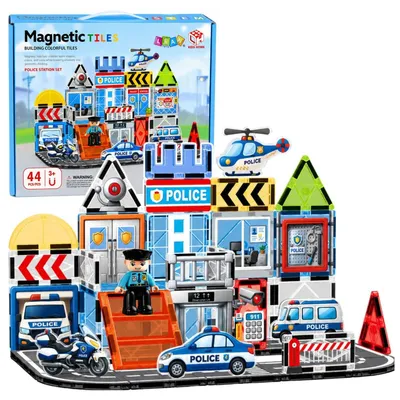 Produktbild von Magnetische Bausteine Set mit Polizeibasis, Fahrzeugen und Polizist, 44 Teile