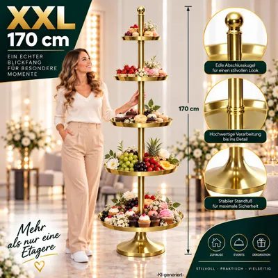 Produktbild von XXL Etagere - Höhe 170cm - 5-stöckig - Obstschale Obstkorb Gebäckschale Servier Ständer Obst Teller Deko Aluguss Gold Edel