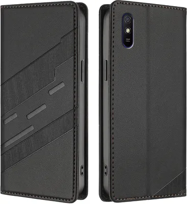 Image de Etui pour Xiaomi Redmi 9A, étui portefeuille en cuirPolyuréthaneavec fente pour cartes et fonction stand Schwarz