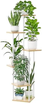 Productafbeelding van PromoHome® Plantenstandaard met 6 niveaus – Metaal en hout, 120x60x35 cm, Wit