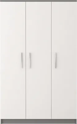 A front view of a white three-door wardrobe with silver handles.