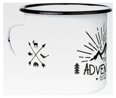Produktbild von Emaille Tasse, The Adventure Begins, 330 ml, Camping Tasse, Retro Design, weiß