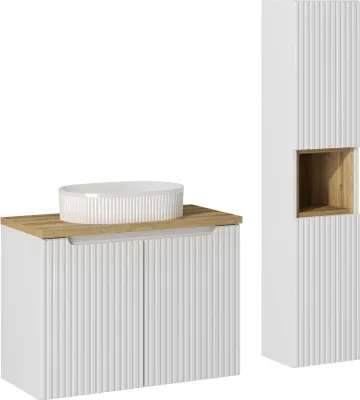Image de Ensemble De Salle De Bain 80 Cm Avec Lavabo, Colonne Et Niche Chêne/Blanc