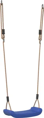 A blue swing seat suspended by ropes against a white background.