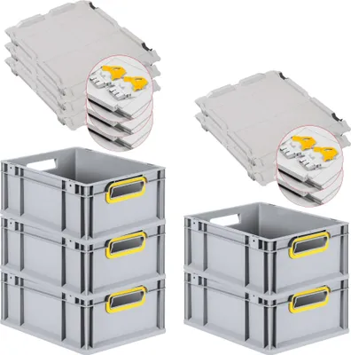 Produktbild von SuperSparSet 5x Eurobox NextGen Color mit Scharnierdeckel und Schiebeschnappverschlüssen | HxBxT 17x30x40cm | 16 Liter | Grau | Griffe gelb offen | Glatter Boden | Eurobehälter, Transportbox, Transportbehälter, Stapelbehälter