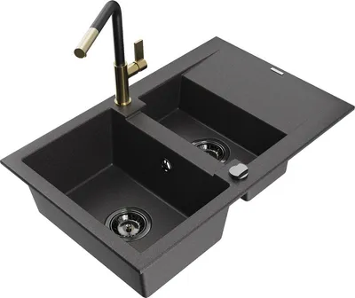 Produktbild von Mexen Gaspar 1,5-Becken-Granitspüle mit Abtropffläche und Mischbatterie Flora, Schwarz gesprenkelt - 6507-76-670401-57-B