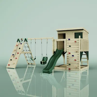 Produktbild von OutdoorToys Spielturm Aksel aus Holz in Grün Dunkelgrün, mit Babyschaukel