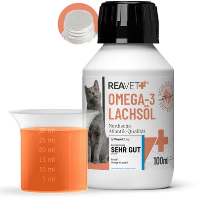 Produktbild von REAVET Lachsöl Katze 100ml, Omega 3 & 6 Barf Öl Hochdosiertes Fischöl Katze in Lebensmittelqualität