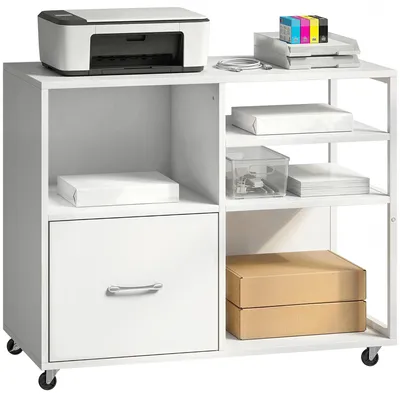 Image de Armoire pour imprimante - Table mobile pour imprimante - Sur roulettes - Compartiments ouverts - Tiroir - Pour documents A4 et format lettre - 80 x 40 x 65,5 cm - Blanc