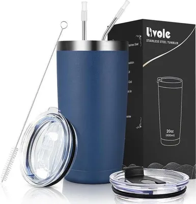 Obrázok produktu pre Vákuový pohár z nehrdzavejúcej ocele, 600 ml, pohár na cesty, tmavomodrý, s lyžičkou a viečkom