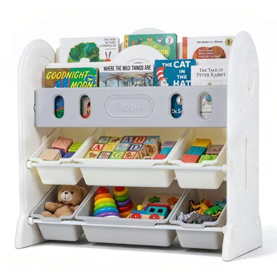 Produktbild von COSTWAY 4-stufiges Montessori-Spielzeugregal, Kinderregal mit 2 Fächern & 6 herausnehmbaren Boxen, Kinder Bücherregal, Kinderschrank für Kinderzimmer