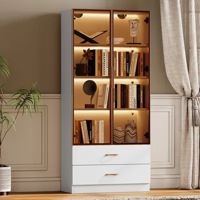 Produktbild von okwish Vitrine,Highboard mit Lichtleiste und 2 großen Schubladen,Badezimmerschrank,Sideboard 2 Glastür,Aufbewahrungsschrank,weiß