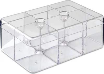 A clear, professional studio shot of a transparent rectangular tea box with multiple compartments.