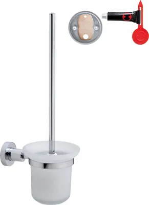 A toilet brush holder set with mounting accessories.