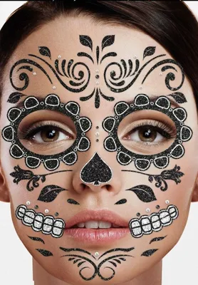 Produktbild von Halloween Gesichts-Tattoo "Skelett" | Schwarz Glitzer