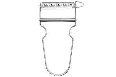 A silver julienne peeler is shown against a white background.