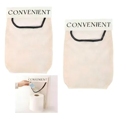 Image de 2 pochettes de rangement autocollantes en filet, à suspendre, pour un rangement peu encombrant dans les placards, les cuisines et les salles de bains.