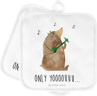 Produktbild von Mr. & Mrs. Panda Topflappen Bär Gitarre - Weiß - Geschenk, Set, Ofenlappen, topfhalter, Teddy, Topfuntersetzer, Kochlappen