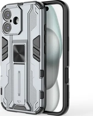 Produktbild von iPhone 16 Hülle, Dual Layer PC TPU Bumper Stoßfest Ständer Schutzhülle für iPhone 16 Grau
