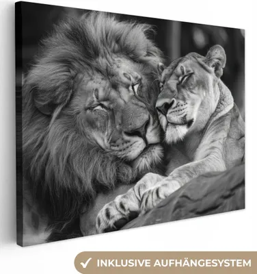 Produktbild von MuchoWow® - Leinwandbilder - Löwen - Tiere - Schwarz - Weiß - Löwe, Wandbild, Wanddeko Bilder Wohnzimmer, 120x90cm