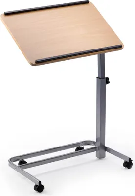 A computer side table with a wooden top and a metal base with wheels.
