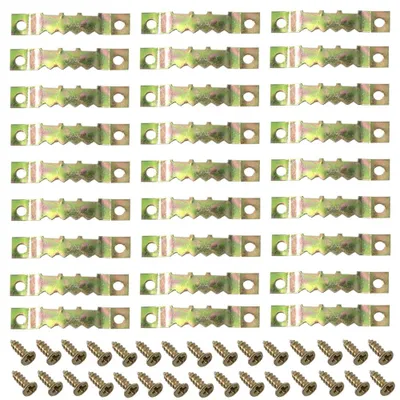 Image de 100 crochets pour photos, jeu de crochets pour photos, crochets dentelés avec vis pour cadres et châssis (couleur dorée)