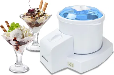 An ice cream maker and two ice cream sundaes are displayed against a white background.