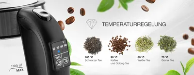 Close-up of a kettle's handle with a digital display, next to piles of different types of tea and coffee beans, with text indicating temperature settings for various beverages.