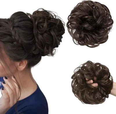 Immagine prodotto di Posticcio con capelli sintetici a chignon, coda di cavallo, mossi, castano scuro