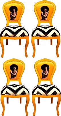 Produktbild von Casa Padrino Luxus Barock Esszimmer Set Schwarz / Weiß Streifen / Gelb 55 x 54 x H. 103 cm - 4 handgefertigte Designer Esszimmerstühle - Barock Esszimmermöbel