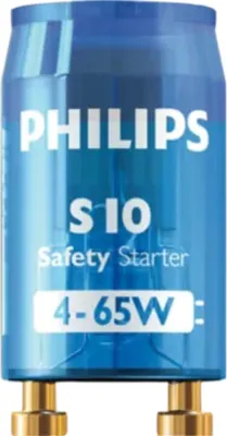 A close-up studio shot of a Philips S10 Safety Starter for fluorescent lamps.